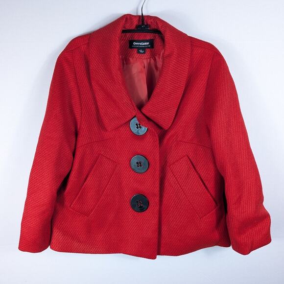 CoffeeShop NYC L Red Textured Cropped Jacket Big Button Women’s Coat Rayon Retro - Picture 1 of 5